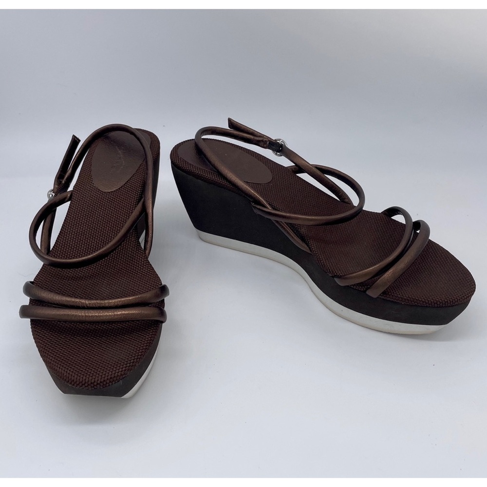 AUTHENTIC CALVIN KLEIN Bronze Spaghetti Strap Platform Wedge Sandals Siz…